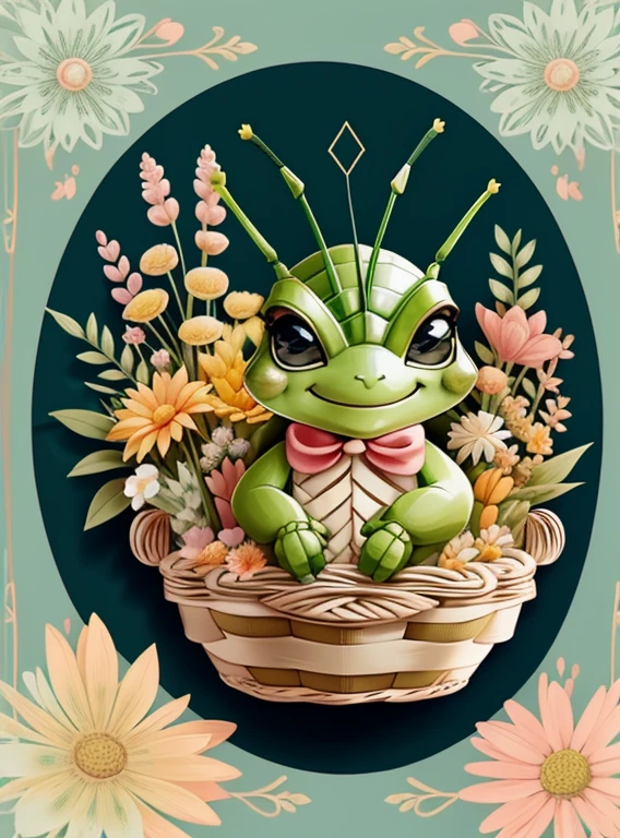 (cute baby grasshopper smiling with a basket of flowers), Munchkin ,Geometric multidimensional wall portrait, livro de arte, Tchibi,
Yang08k, Beautiful, Colouring,
Obras, of the highest quality, best quality, Arte Oficial, Beautiful and Aesthetic,