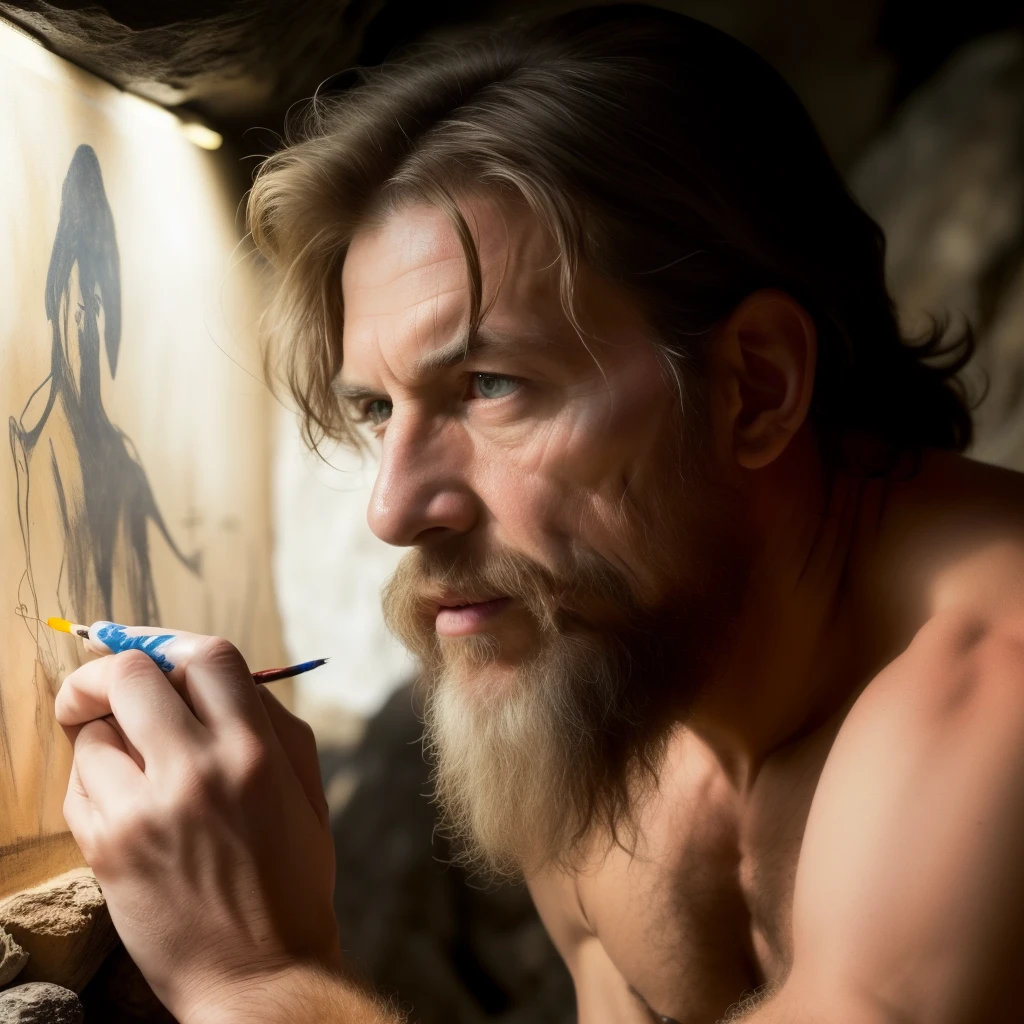 masterpiece:1.2, best quality:1.2, beautiful, high quality, highres:1.1, aesthetic), detailed, extremely detailed, ambient lighting, 8K, perfect lighting, 1man, painting with finger, look like leonard de vinci, prehistoric life, prehistoric man, painting with finger, paleolithiq cavern background, paleolithiq drawing,close up on , draw, (best quality,8k,ultra hd,realistic,bperfect :Man:1.1, , prehistoric artist , ((all man body picture, seductive)), masterpiece, best quality, ultra-detailed, solo, (warm hue, warm tone: 1.2), close-up, cinematic light, side lighting, ultra high resolution, best shadow, RAW, 8K hand drawing,