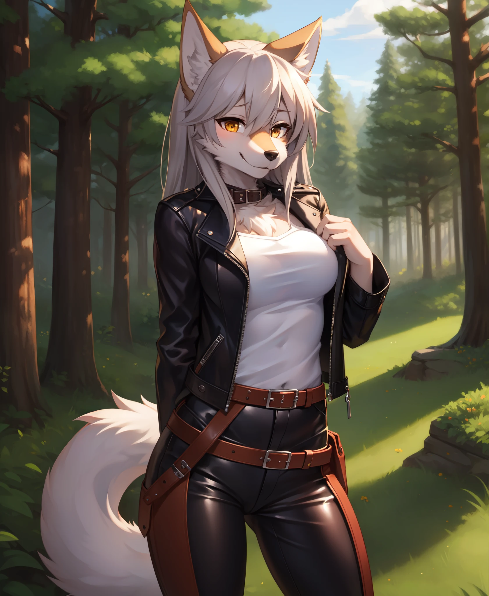 1girl, solo, masterpiece,  wolf girl, furry, anthro, body fur, wolf tail, outdoors, scenery, forest, leather jacket, leather pants, belt,