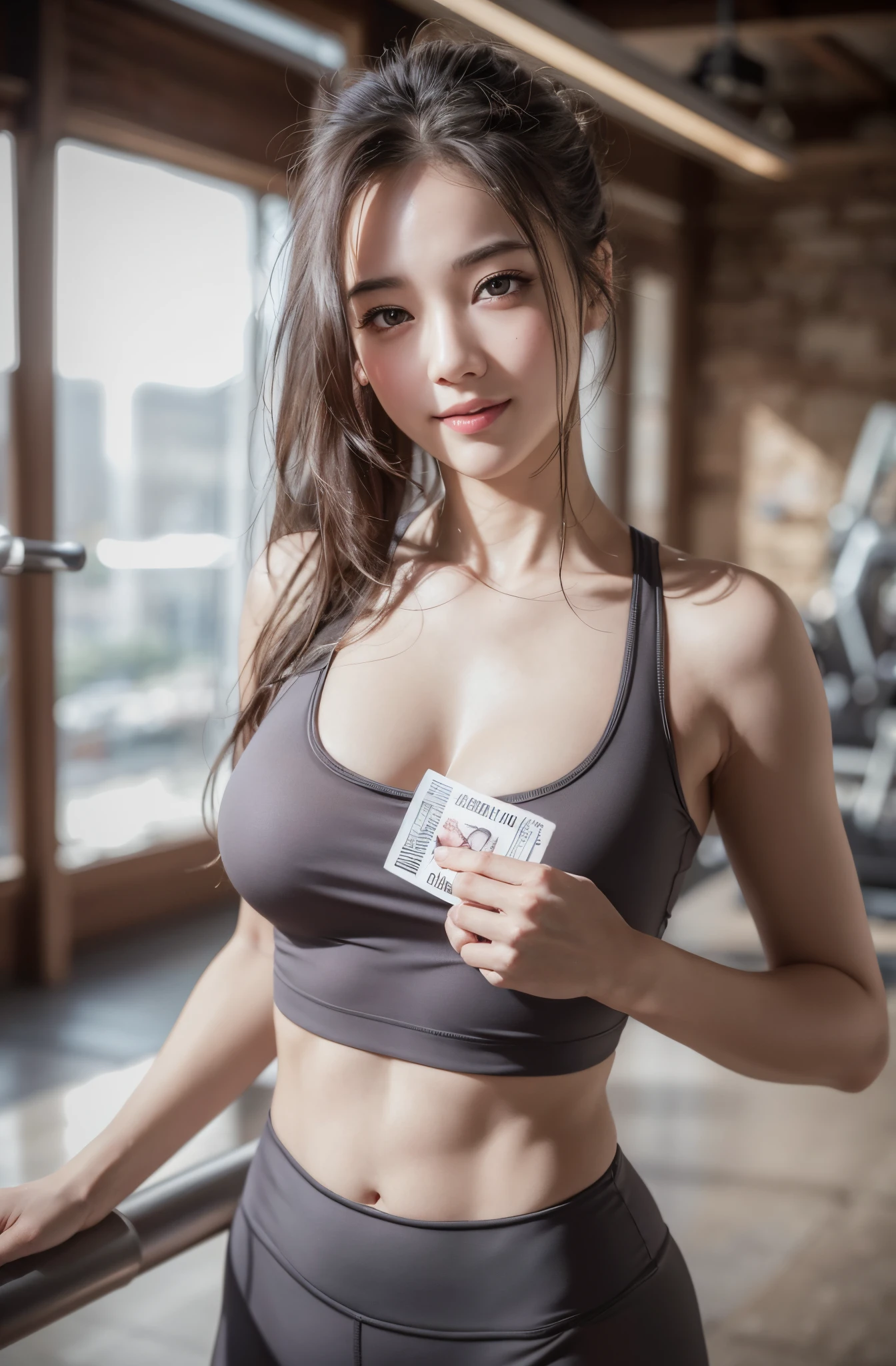 (Best Quality,Photorealistic,hight resolution), 1girl, Beautiful detailed eyes, Beautiful detailed lips, little smile, Cute, Happy, tank top, legging, exercise, volumatic lighting ,film gain, depth of field, indoor gym, Looking at the camera , perfect view