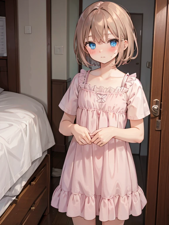 best quality, (masterpiece:1.2), detailed,
inui sajuna juju,
1girl, solo, closed mouth, smile, blush,
pink hair, pink eyes, long hair, side ponytail,
pink dress, collarbone, spaghetti strap, dress lift, lifting up skirt, pink panties, exposed panties, perfect panties, visible panties,
sitting, looking at the viewer, lift dress, nightie, simple nightie
indoors, room, bed, night