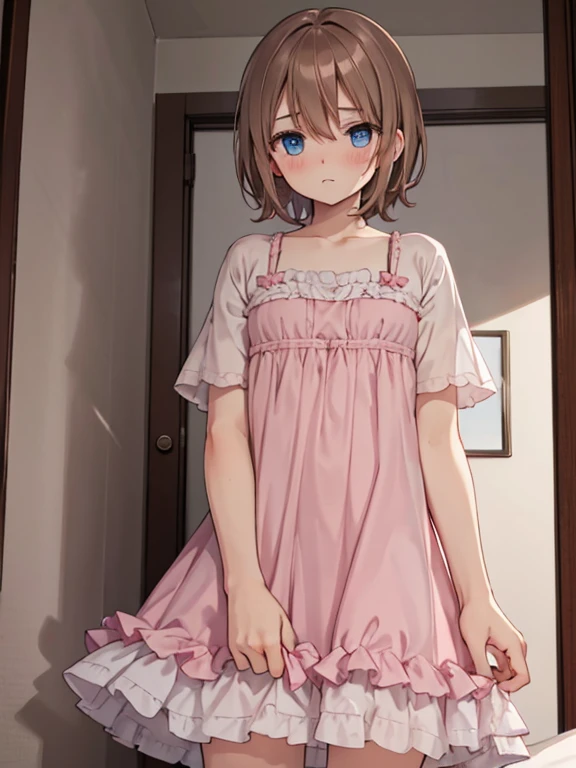 Human male, embarrassed, short brown hair, in dorm room, wearing frilly cute pink nightgown, blue eyes,