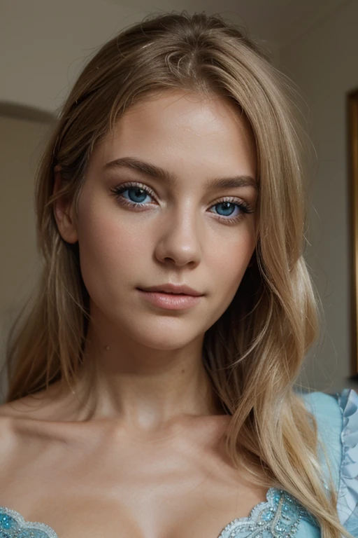 A captivating cinematic image of a 20-year-old girl with sparkling blue eyes and blonde hair, radiating joy and positivity, with a subtly upturned mouth revealing her perfectly shaped lips, intricate details, shallow depth of field, ultra-high definition, art-house film, mesmerizing, timeless masterpiece, critically acclaimed, exquisite, highly detailed, highly textured skin with a hint of natural blush (0.3), (goosebumps: 0.2), (the epitome of youthful beauty) (blonde hair) (long and wavy) (heart-shaped face) (slender body)
