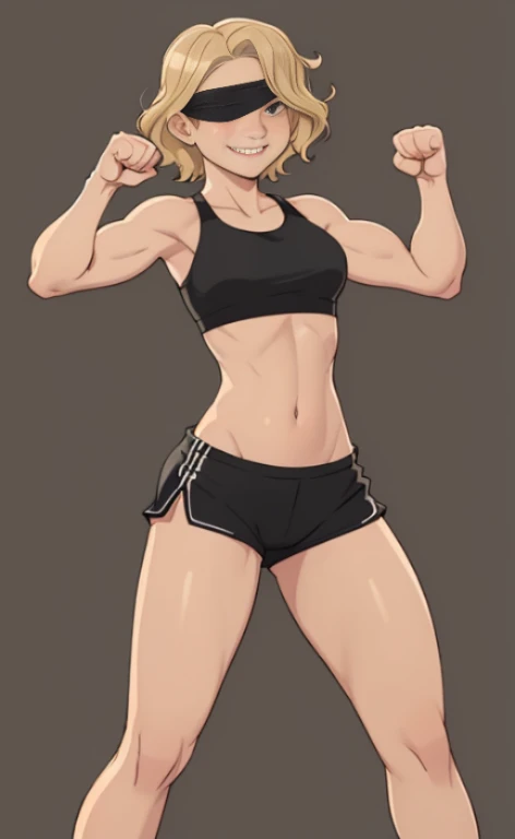 A beautiful blonde barefoot woman, with short wavy hair, wearing a black blindfold, a black sportsbra and sportsshorts, standing in a fist fighting pose, looking happy.