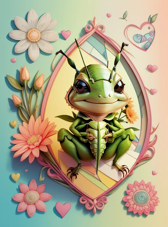 (cute  grasshopper smiling with flowers and hearts), Munchkin ,Geometric multidimensional wall portrait, livro de arte, Tchibi,
Yang08k, Beautiful, Colouring,
Obras, of the highest quality, best quality, Arte Oficial, Beautiful and Aesthetic,