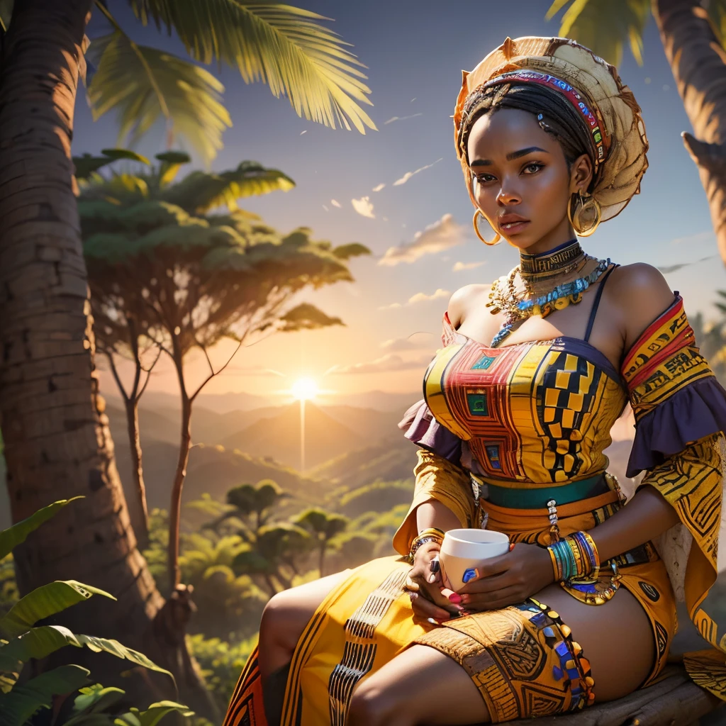 African woman dressed in african designed skirt and blouse, with african designed beads on her neck and wrists, carrying an African designed pot on her lap, sitting on top of a tall tree branch overlooking the forest, watching the sunset, hyper-realistic image, 32k, ultra HD, unreal engine rendered, cinematic lighting, artgerm style, --auto --s2