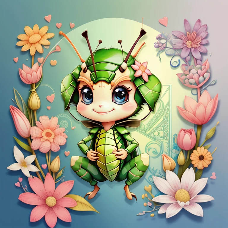 (cute baby grasshopper smiling with flowers and hearts), Munchkin ,Geometric multidimensional wall portrait, livro de arte, Tchibi,
Yang08k, Beautiful, Colouring,
Obras, of the highest quality, best quality, Arte Oficial, Beautiful and Aesthetic,