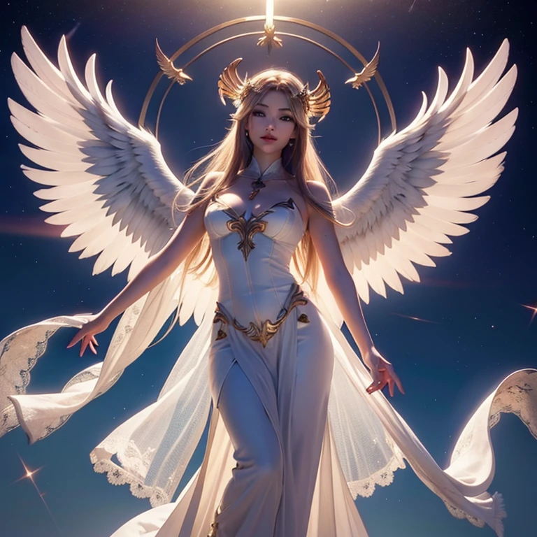 arafed angel with wings and a halo in the sky, full - body majestic angel, of beautiful angel, beautiful female angel, artgerm on artstation pixiv, as a mystical valkyrie, concept art | artgerm, glowing angelic being, goddess of light, anime goddess, angelic, angelic halo, beautiful angel, goddess. extremely high detail, see through, nipples peeking through, visible private parts