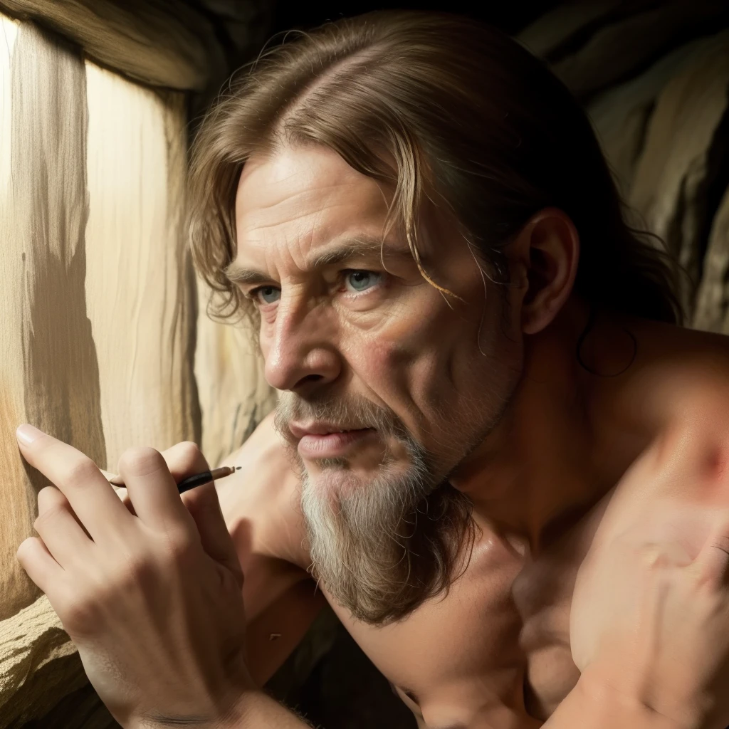 masterpiece:1.2, best quality:1.2, beautiful, high quality, highres:1.1, aesthetic), detailed, extremely detailed, ambient lighting, 8K, perfect lighting, 1man, painting with finger, look like leonard de vinci, prehistoric life, prehistoric man, painting with finger, paleolithiq cavern background, paleolithiq drawing,close up on , draw, (best quality,8k,ultra hd,realistic,bperfect :Man:1.1, , prehistoric artist , ((all man body picture, seductive)), masterpiece, best quality, ultra-detailed, solo, (warm hue, warm tone: 1.2), close-up, cinematic light, side lighting, ultra high resolution, best shadow, RAW, 8K hand drawing,