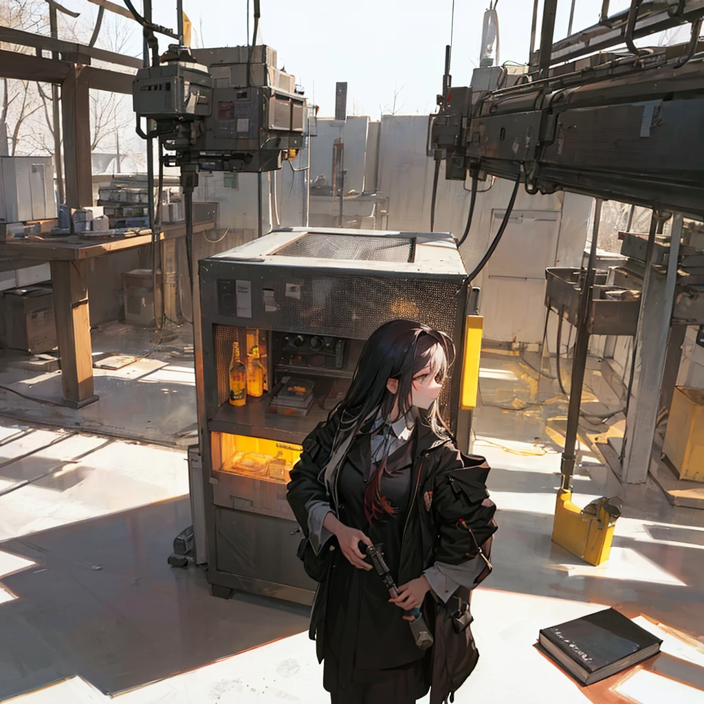 [(white background:1.5),::5] hexagon, 1 girl, mid shot, full body, (horrible atmosphere), Tindal effect, (Balance and coordination between all things), long black hair, straight hair, wearing doctor white coat, doing research, bio-laboratory, machines in the background, microscope on the table, bottles and flasks on the table, books on the table ,light,dynamic angle,depth of field,light and shadow,Real light and shadow,diffuse reflection