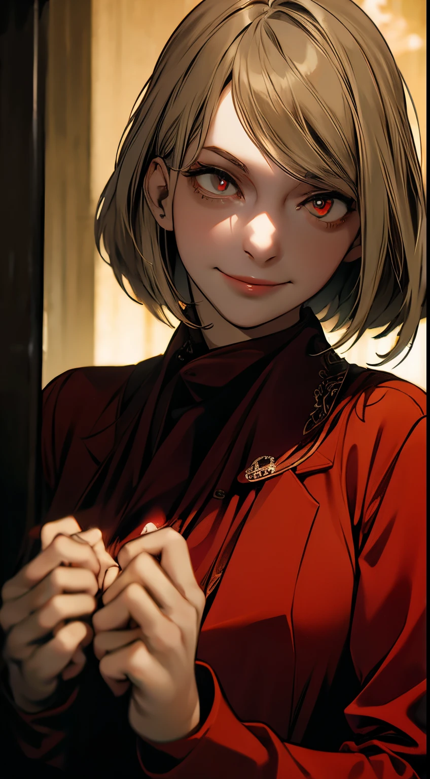 Perverted man Possessed Ashley, short blonde hair glowing red eyes, seductive smile, dark horror ambience, happy, looking in the mirror, hands on breast