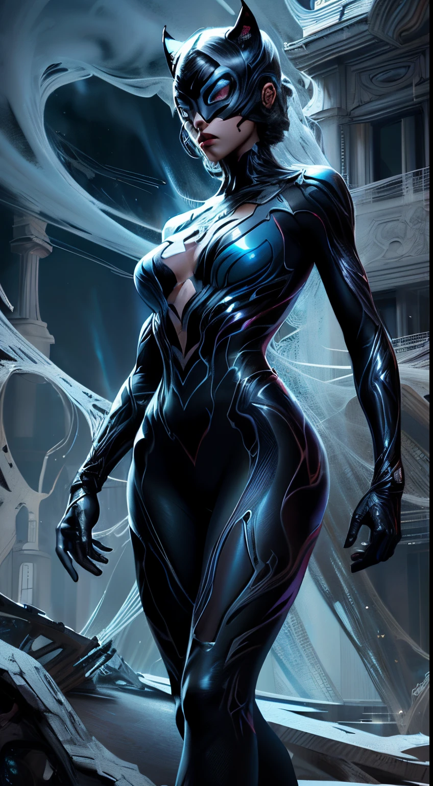 illustration, 4K UHD illustration, upscaled professional drawing HDR, from DC comics in dynamic pose, full body image (:1.8) stunningly beautiful woman, intense blue eyes, eyebrows tanned skin tone, detailed catwoman mask, gloss black form fitting full length bodysuit, full lips, lips parted looking-into-camera, glowing lightning in background, swirling smoke eminating from fingertips, abandoned dojo background, detailed night time, thunderstorm atmosphere, glowing blue eyes emitting eeire spectral glow, purple lightning thunderstorm in background, 300dpi, masterpiece style, painting style, stroke style in a dark background,watercolor, charcoal, pen & Ink, tshirt design style, aesthetic for Tshirt design, darktone