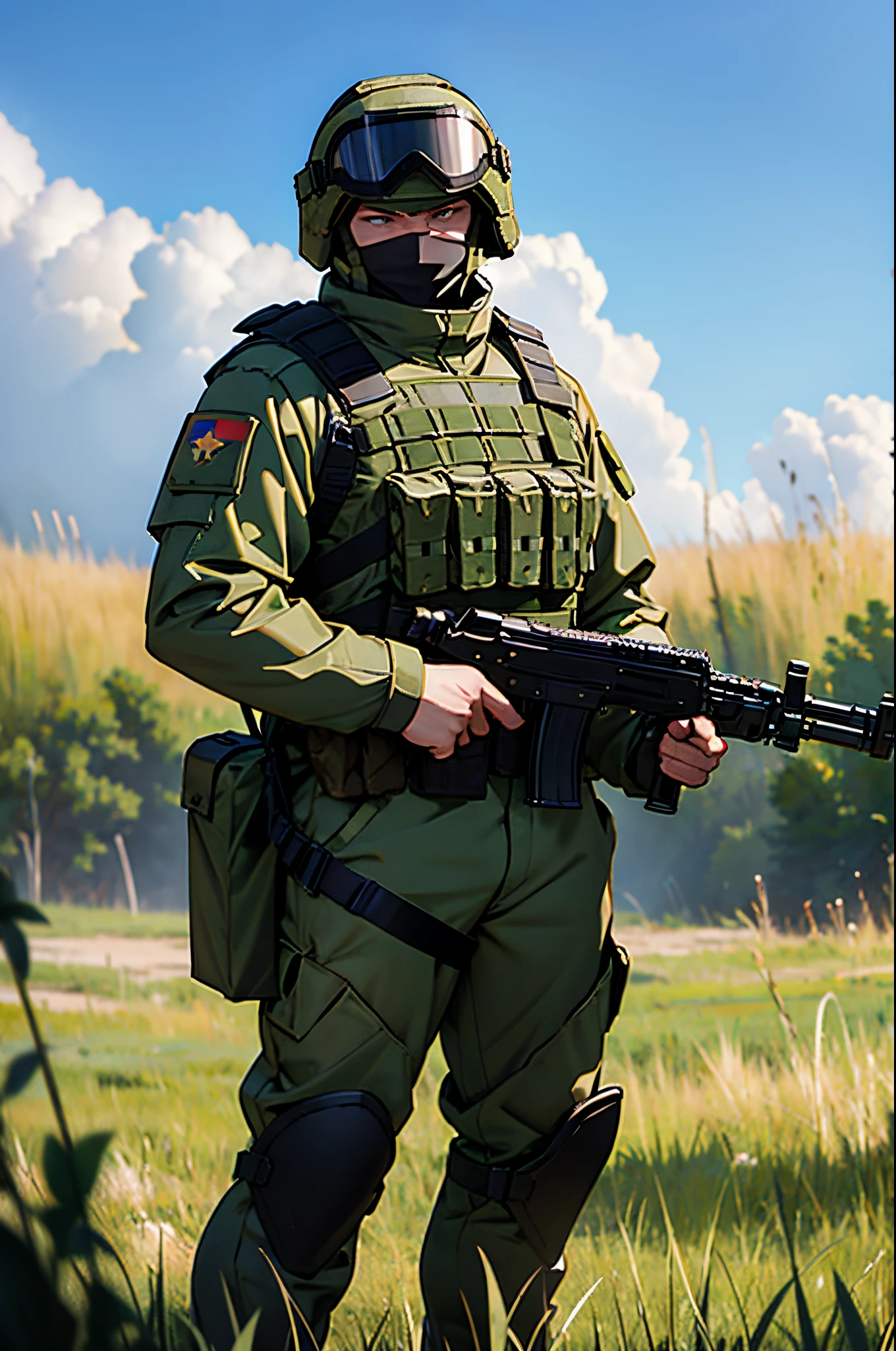 Russian soldier wearing dark-coloured juggernaut armour and visor, holding a riot shield, standing in a field, in anime style