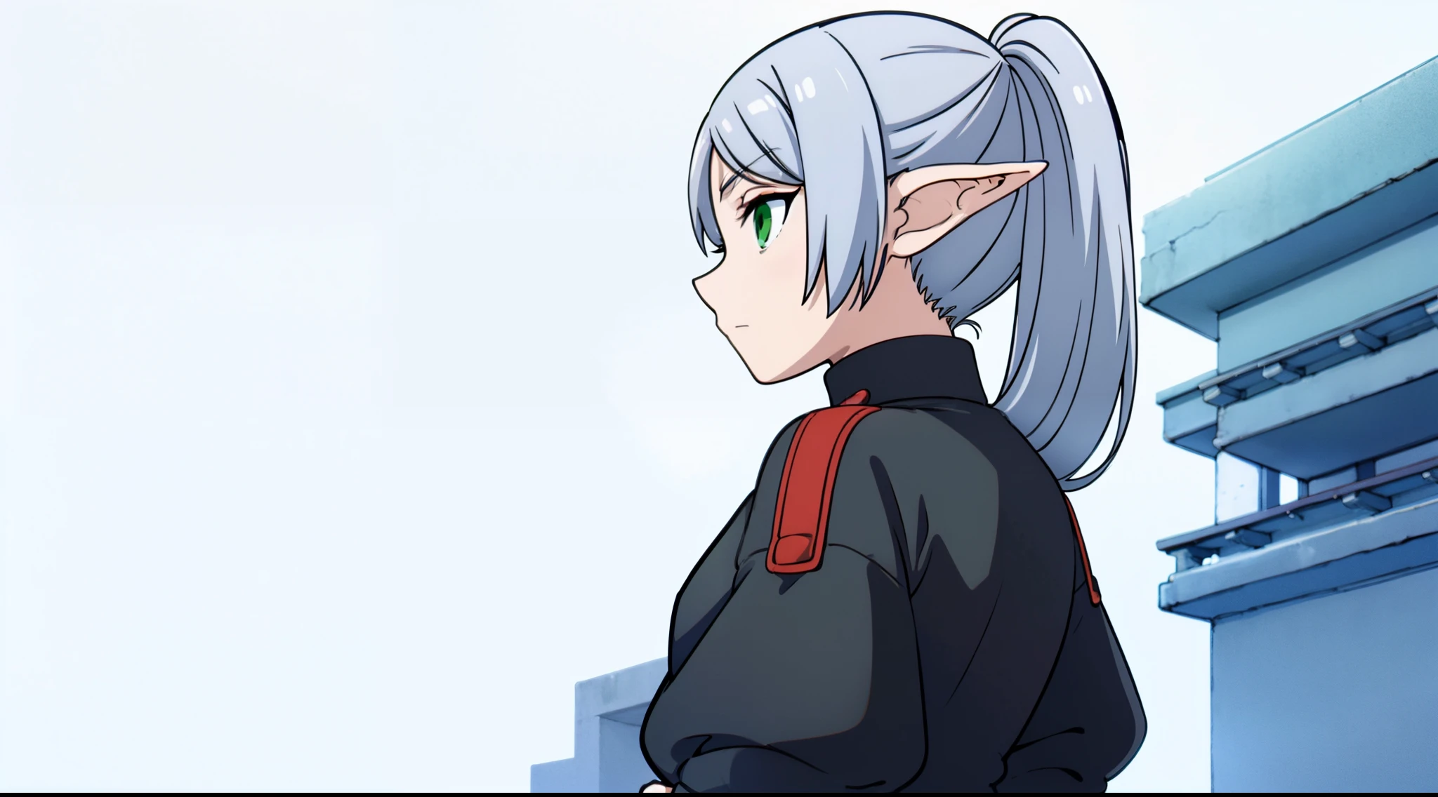 masterpiece, illustration, best quality, 8k, 1girl, solo, frieren, long hair, twintails, (green eyes:1.2), grey hair, pointy ears, elf, serious, neutral, inexpressive, serious, closed mouth, turtleneck dress, long sleeves, (black dress), monocolor dress, standing, looking at viewer, (from side shot), ((scenary)), arms behind back, ((close-up)), upper body, ((white background, transparent background)), cowboy shot