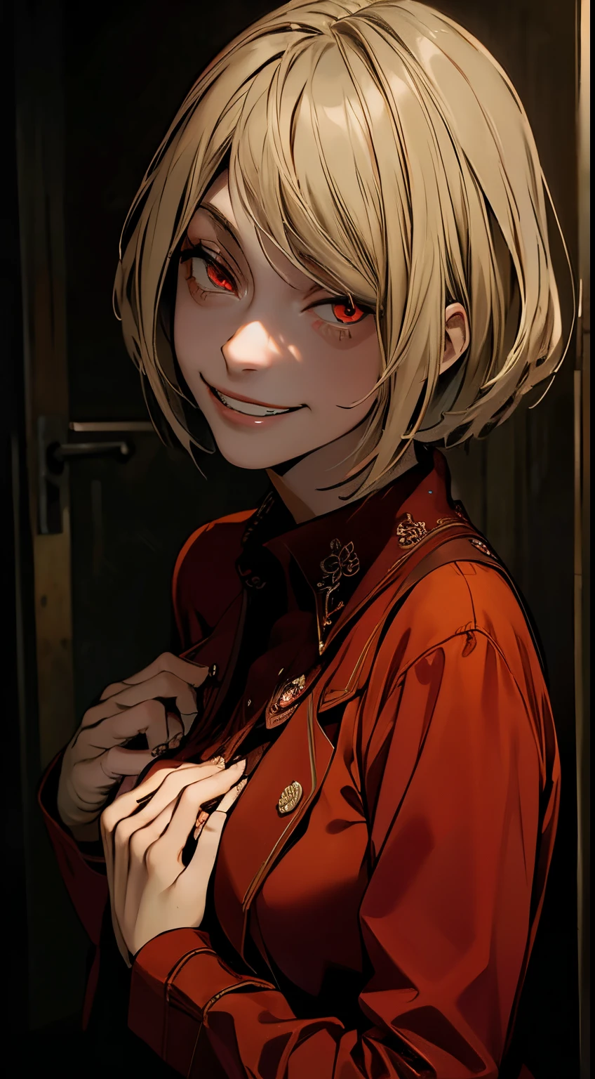 Perverted man Possessed Ashley, short blonde hair glowing red eyes, seductive grin, dark horror ambience, happy, looking in the mirror, hands on breast