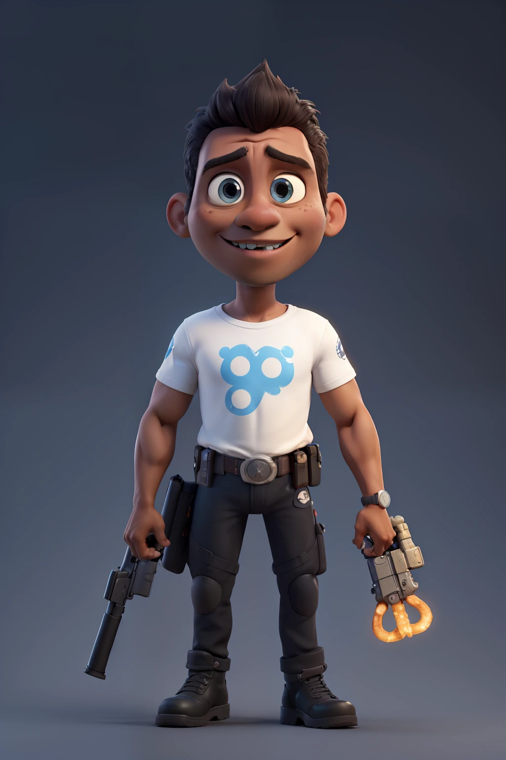 3D character, a very tall dark skinned man wearing a black commando attire, bodybuilder, very short black hair, blue eyes, cute big circular reflective eyes, big white gloves, white combat boots, white ammunition belt, black t-shirt with skull motif, skull logo on his chest, holding a 45 colt pistol, (cinematic composition), (pixar style:1.2), (CGI animation: 1.2), (Disney: 1.2), (cartoon: 0.2), (best quality, masterpiece, 4k, ultra detailed, sharp focus, 8k, high definition:1.2), (by Danny Mac 3D, by Follygon), (masterpiece: 1.2), absurdres