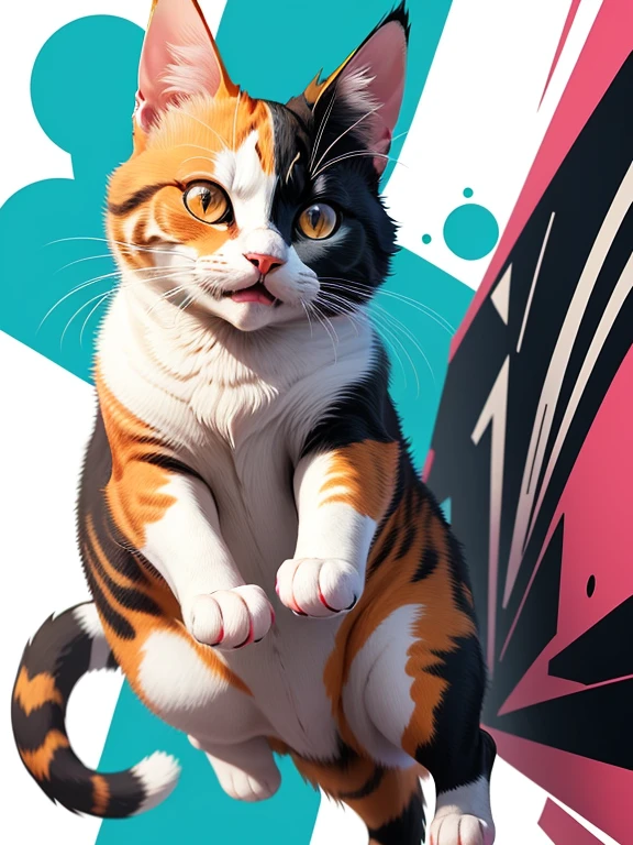 vector, Print-ready colorful graffiti, Illustration of a calico cat, action shot, high detail, whitebackground