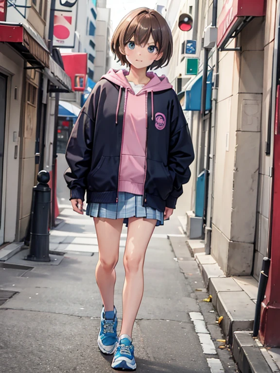 Male human, short brown hair, blue wearing pink hoodie, white short skirt, embarrassed, walking down a sidewalk in the city, cute shoes,