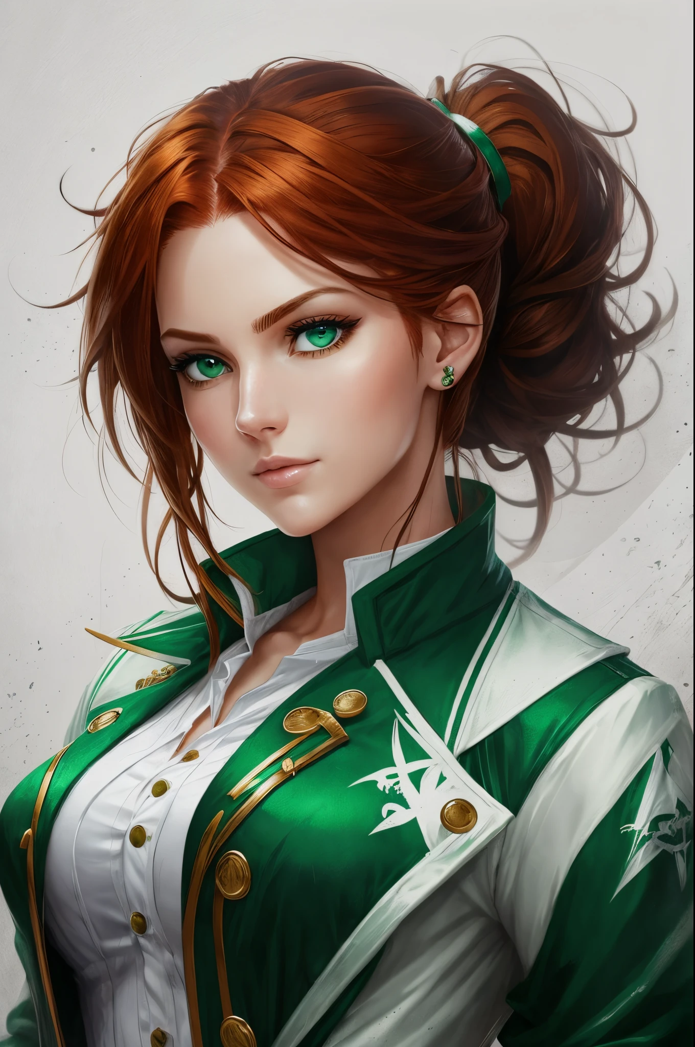 female pirate, auburn hair, emerald eyes, white shirt, green jacket --auto --s2