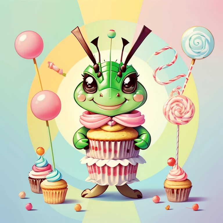 (cute baby grasshopper smiling with cupcakes and lollipops), Munchkin ,Geometric multidimensional wall portrait, livro de arte, Tchibi,
Yang08k, Beautiful, Colouring,
Obras, of the highest quality, best quality, Arte Oficial, Beautiful and Aesthetic,