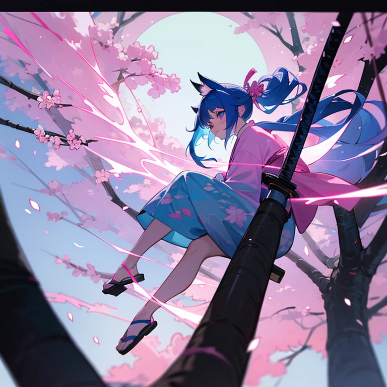 4K ultra HD, catgirl, blue hair with ends glowing light blue, pink kimono stopping at the knees, entire body facing camera, moon in background, holding a katana, wearing sandals, pink aura emanating from body, sakura trees on side