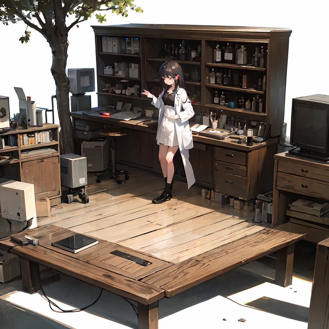 [(white background:1.5),::5] hexagon, 1 girl, mid shot, full body, (horrible atmosphere), Tindal effect, (Balance and coordination between all things), long black hair, straight hair, wearing doctor white coat, doing research, bio-laboratory, machines in the background, microscope on the table, bottles and flasks on the table, books on the table ,light,dynamic angle,depth of field,light and shadow,Real light and shadow,diffuse reflection