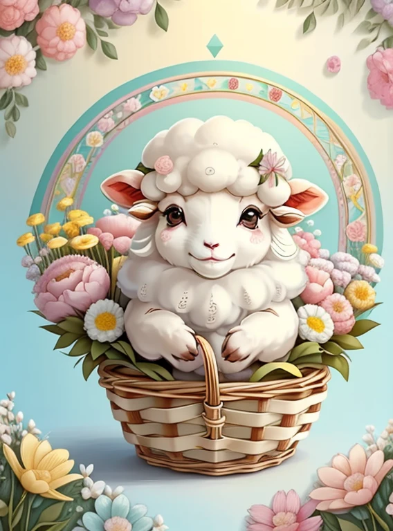 (cute baby sheep smiling with basket of flowers), Munchkin ,Geometric multidimensional wall portrait, livro de arte, Tchibi,
Yang08k, Beautiful, Colouring,
Obras, of the highest quality, best quality, Arte Oficial, Beautiful and Aesthetic,