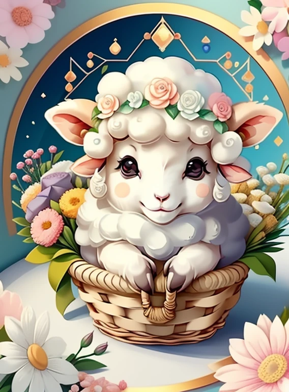 (cute baby sheep smiling with basket of flowers), Munchkin ,Geometric multidimensional wall portrait, livro de arte, Tchibi,
Yang08k, Beautiful, Colouring,
Obras, of the highest quality, best quality, Arte Oficial, Beautiful and Aesthetic,