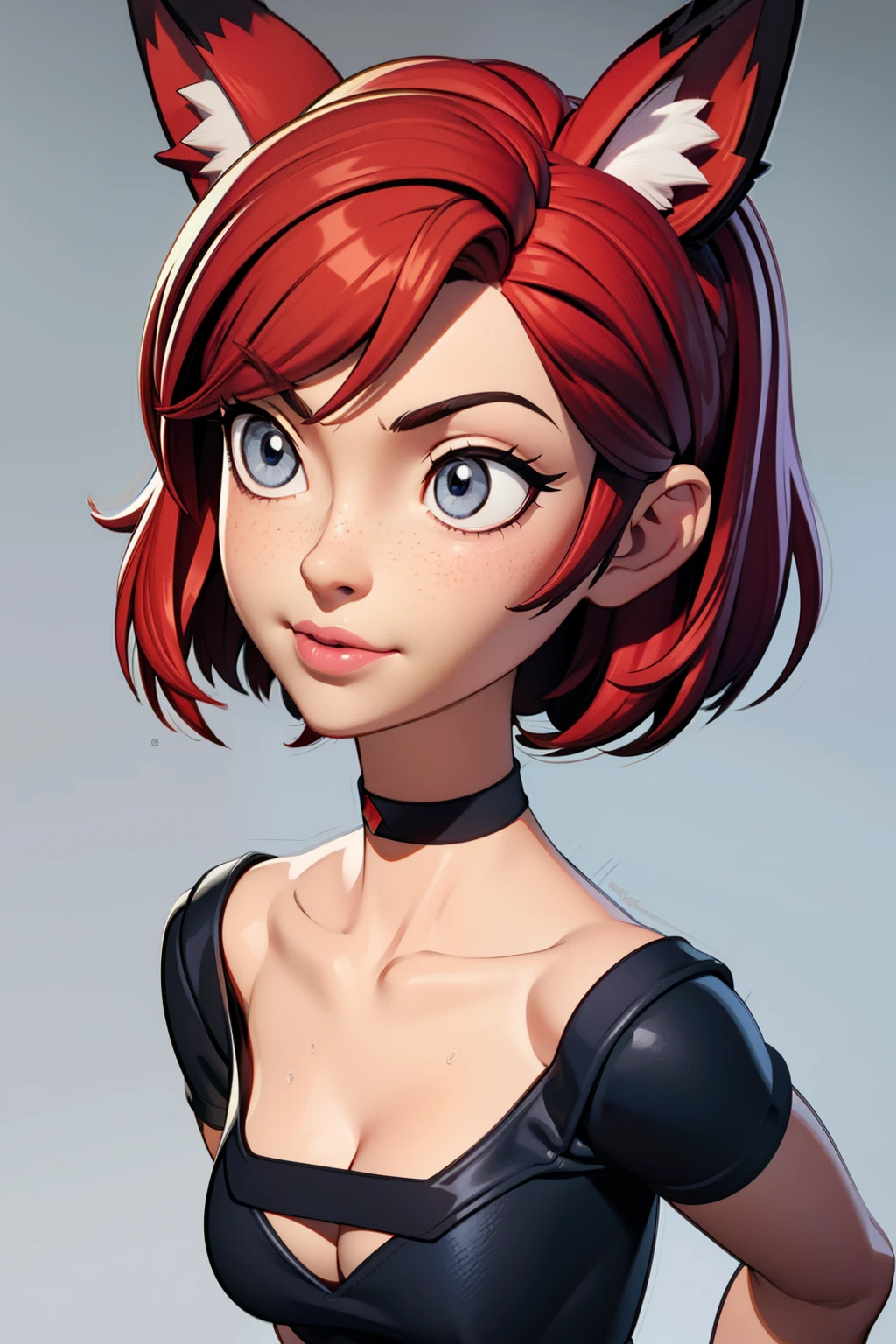 1girl, teenager, solo, (short pixie cut Hair, undercut red hair: 1.28), ((light gray eyes)), some small freckles, (dark fox ears: 1.35), pale skin, medium breasts, cleavage, (thin hips, thin waist: 1.25), simple background, looking away, (tight black shirt, choker, ripped shirt, short shorts, thigh high stockings, plad sneakers: 1.11), masterpiece, best quality,3d rending work ,3DMM style, close-up, portrait, 3D,