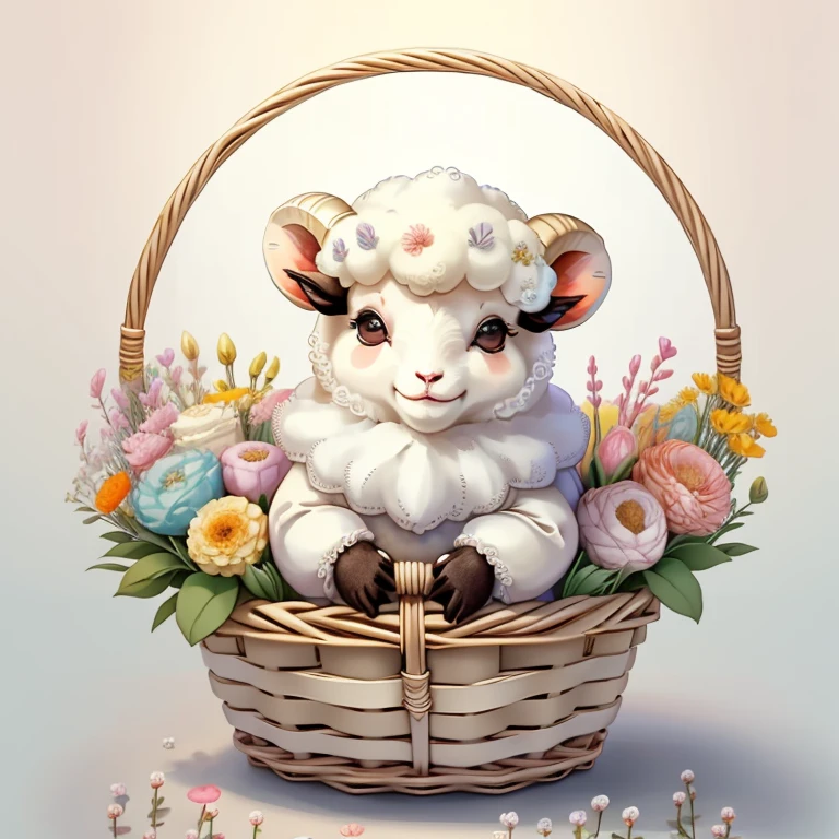 (cute baby sheep smiling with basket of flowers), Munchkin ,Geometric multidimensional wall portrait, livro de arte, Tchibi,
Yang08k, Beautiful, Colouring,
Obras, of the highest quality, best quality, Arte Oficial, Beautiful and Aesthetic,