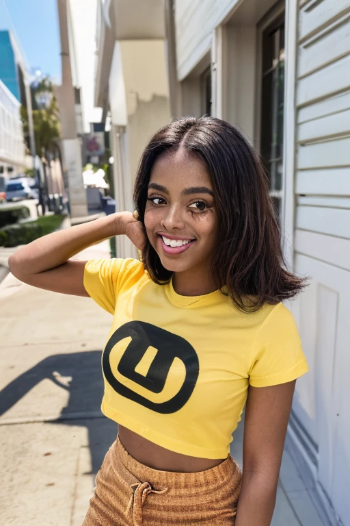 Beautiful brown skin girl with breathtaking smile standing outdoors wearing a yellow tied tee and striped brown leggings , she does a pose like an instagram influencer((detailed skin textures)),realistic skin textures,((big brown eyes))and cute lips,Petite girl wearingyellow tee and brown pants , clean LA street , ((detailed background )) nice straight thin straight bob ,uhd, 8k, high quality, high resolution, RAW photo, photon mappin