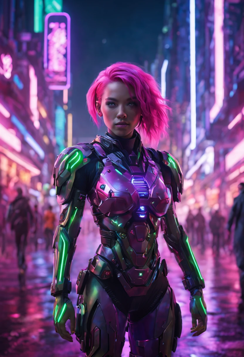 a cinematic panoramic shot featuring a full-body view of a cyborg girl with pink hair, adorned in purple armor with neon green lines. Her eyes should emit a red glow. The scene is set at night in a futuristic city illuminated by vibrant red, green, purple, and blue lights. The cyborg girl walks through this cityscape, showcasing her full figure within the bustling, colorful, and high-tech urban environment. Ensure the shot captures the entire cyborg within the vivid and futuristic city.