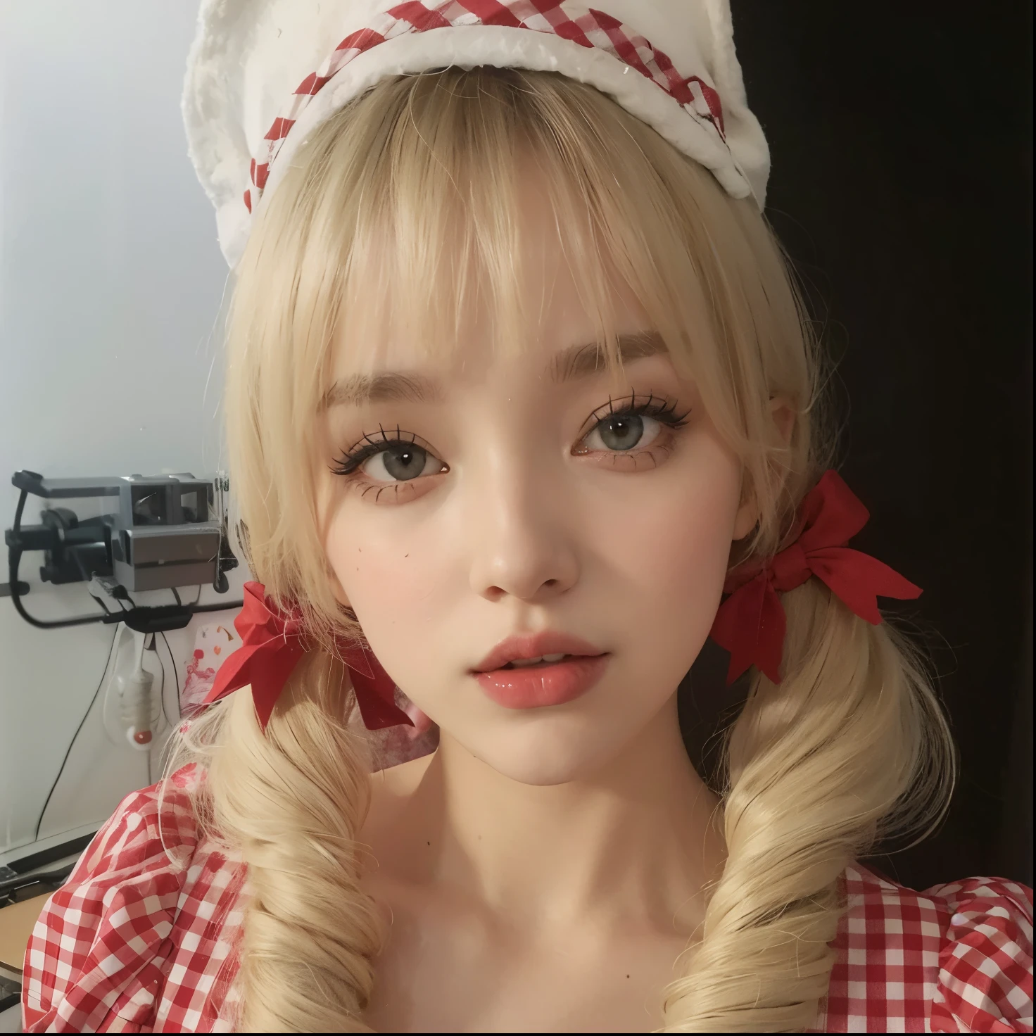 Mujer de cabello rubio con un vestido a cuadros rojo y blanco y un lazo rojo., Lalisa Manobal, Hermosa Delphine, Anna Nikolanova aka Newmilky, cabello rubio con coletas, Retrato de Kim Petras, con orejas de conejo, doll face, Amouranth, joven hermosa Amouranth, flequillo blanco, Coletas, cabello rubio y ojos grandes
