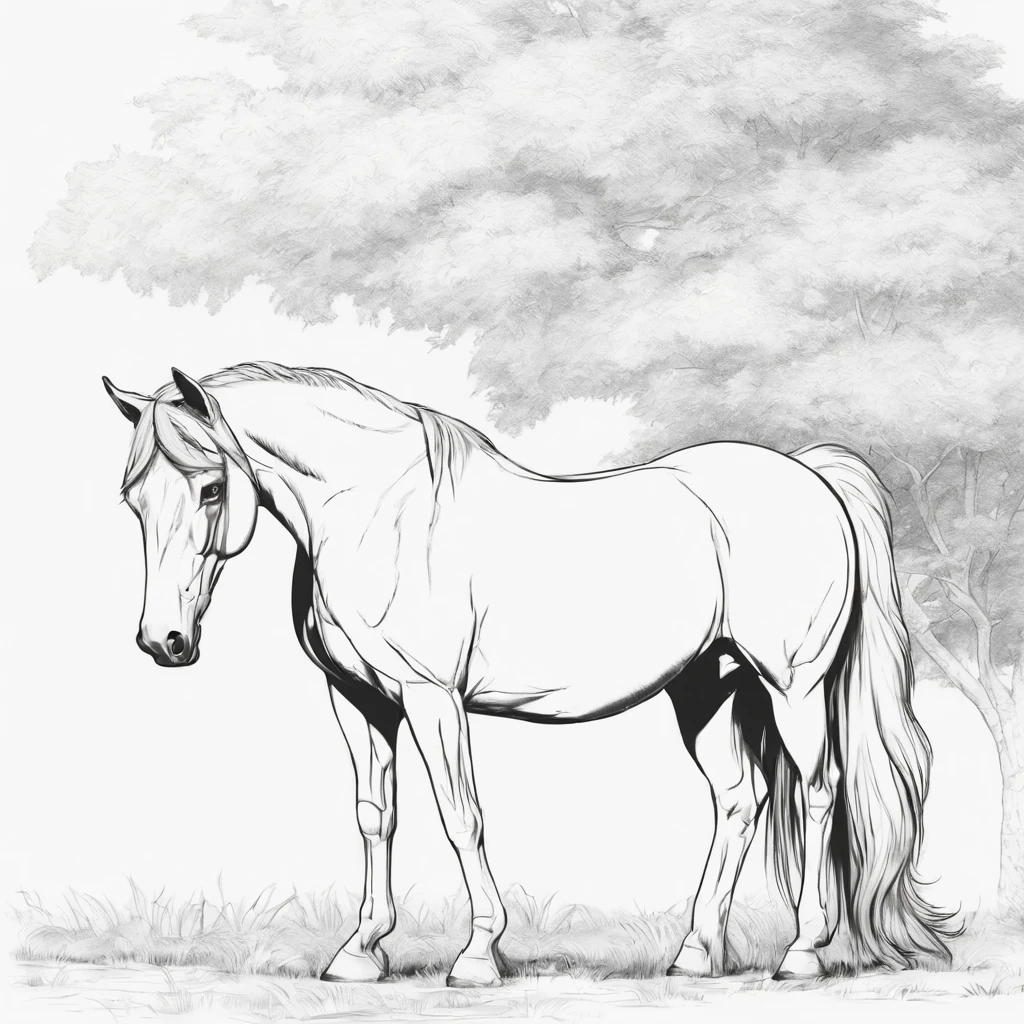 Outline coloring lines, Coloring page.1 horse, 4 legs, 1 tail.Completely white, full body, cartoon style, "majestic", beautiful, perfect, Sketch style