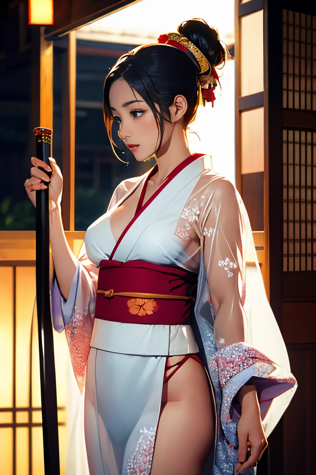 (((Looking away:1))), ((Look at another one:1)), fox incarnation、Sexy Female Warrior、Japan Yokai、Sexy fox female warrior with a Japanese sword、Fox ears、A figure holding a beautiful sword、(transparent kimono)、(Show off by wearing Japanese revealing clothes), nipples through, see-through japanese nightgown,