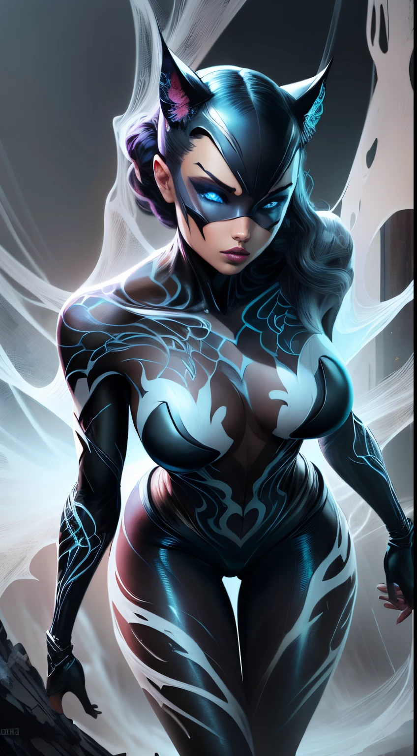 illustration, 4K UHD illustration, upscaled professional drawing HDR, from DC comics in dynamic pose, full body image (:1.8) stunningly beautiful woman, intense blue eyes, eyebrows tanned skin tone, detailed catwoman mask, gloss black form fitting full length bodysuit, full lips, lips parted looking-into-camera, glowing lightning in background, swirling smoke eminating from fingertips, abandoned dojo background, detailed night time, thunderstorm atmosphere, glowing blue eyes emitting eeire spectral glow, purple lightning thunderstorm in background, 300dpi, masterpiece style, painting style, stroke style in a dark background,watercolor, charcoal, pen & Ink, tshirt design style, aesthetic for Tshirt design, darktone