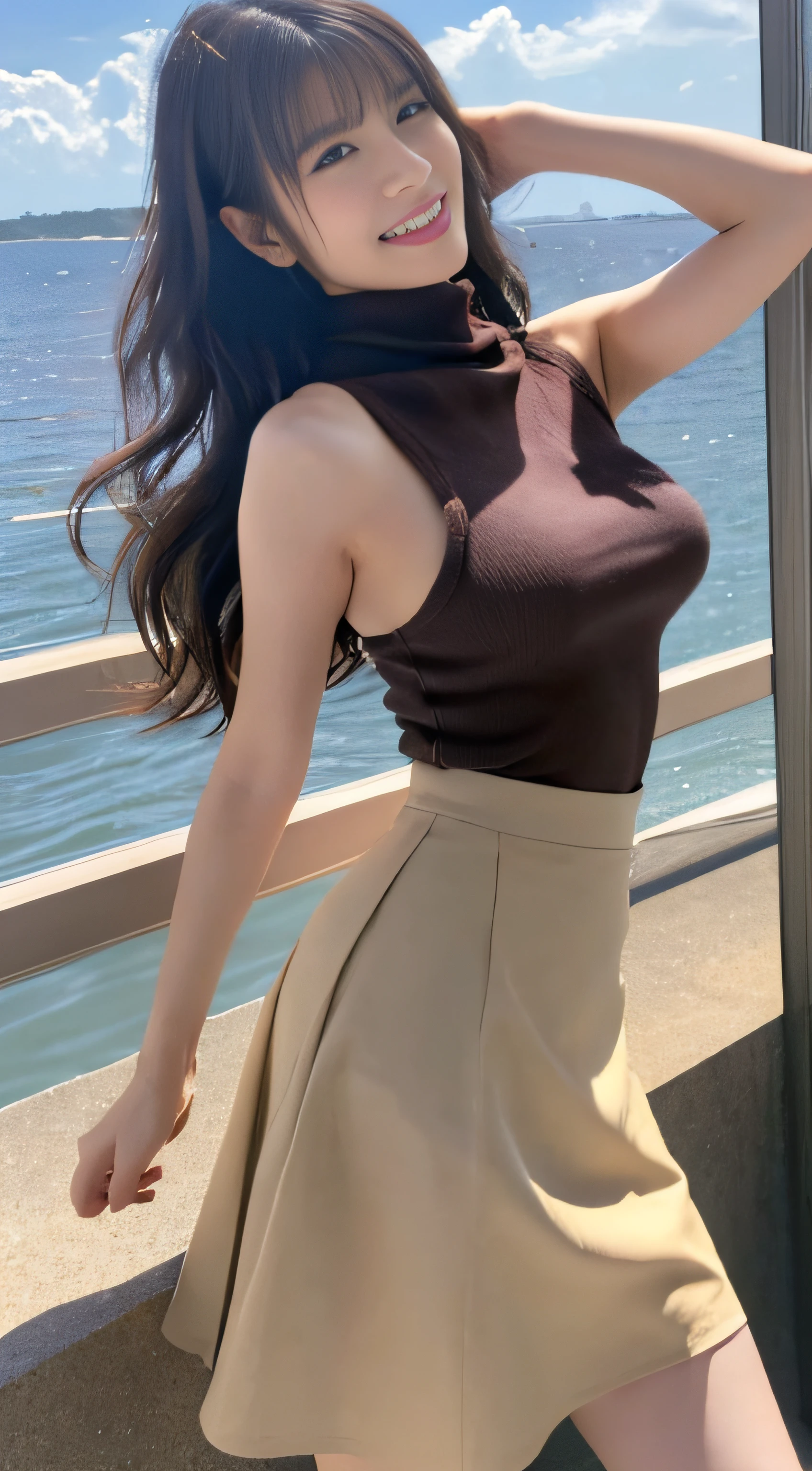 top-quality、Top image quality、​masterpiece、fully body photo、25 years old women、dark brown medium wavy hair、bangss、Beige turtleneck sweater、Long flared skirt、(((Skirt flipping in the wind、I can see all my panties)))、long boots、Black stockings、breasts of medium size,、leaning-forward、stick out buttocks、Looks Back、((Puffy nipple))、soft boob、、Kamimei、 Shy laughter、Poolside with sea view