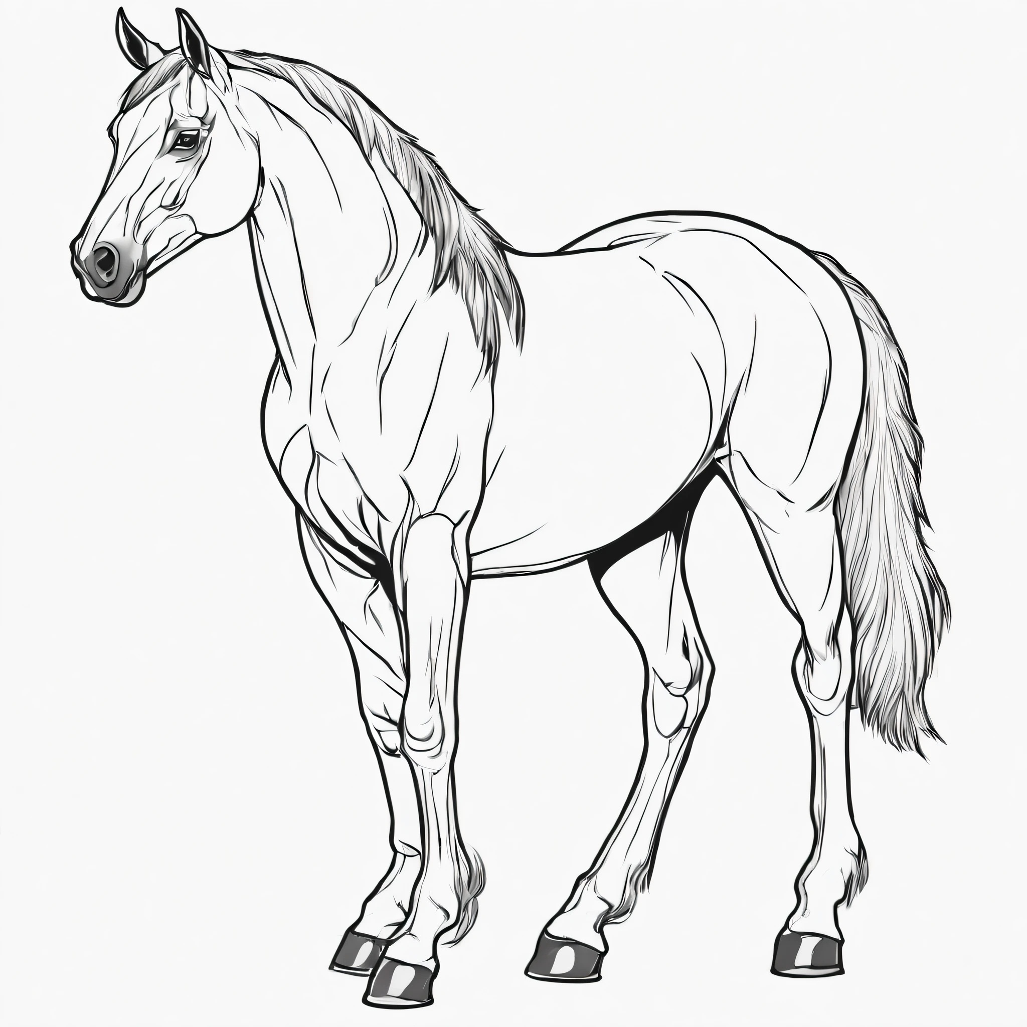 Contornar linhas para colorir, coloring page.1 cavalo, 4 pernas, 1 cauda.completamente branco, corpo inteiro, estilo dos desenhos animados, "majestoso", Beautiful, perfeito, Sketch style