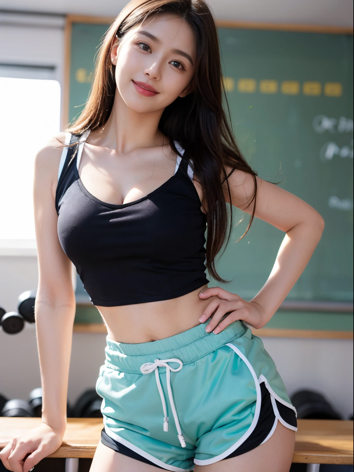 ((The Highest Quality、8k、master masterpiece:1.3)),1 girl, 20 years old girl, beautiful girl, very huge breast, long hair, nike black gym girl clothes, nike black gym suit, nike black gym bra and full pant, standing pose, wearing headphones, photo in gym ,front side,cute smile, smiling to viewers,looking to viewers, looking to camera, buzy gym, people in gym