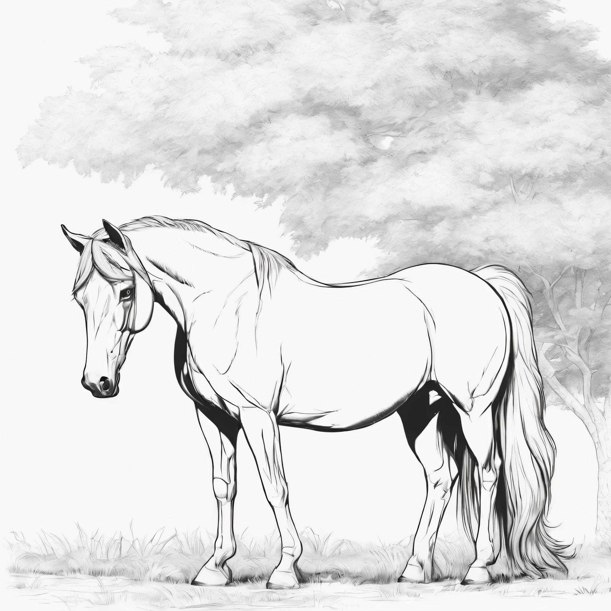 Contornar linhas para colorir, coloring page.1 cavalo, 4 pernas, 1 cauda.completamente branco, corpo inteiro, estilo dos desenhos animados, "majestoso", Beautiful, perfeito, Sketch style