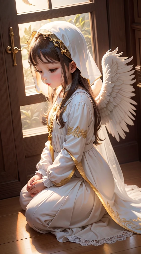 A masterpiece of an angel visiting a little girl's praying room:
Create an enchanting masterpiece that captures the divine moment of an angel visiting a young girl's room as she fervently prays. Illuminate the scene with a soft, celestial glow, emanating from the angel's ethereal presence. Craft intricate details in the feathers of the angel's wings, ensuring they convey a sense of heavenly grace. The room should be adorned with subtle symbols of faith, such as a Bible or a gentle aura of light enveloping the girl as she kneels in prayer. Emphasize the serenity on the angel's face and the innocent sincerity on the girl's, creating a visual symphony that celebrates the profound connection between the earthly and the divine.