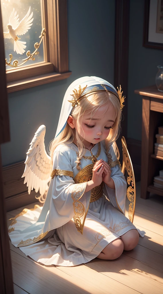 A masterpiece of an angel visiting a little girl's praying room:

Create an enchanting masterpiece that captures the divine moment of an angel visiting a young girl's room as she fervently prays. Illuminate the scene with a soft, celestial glow, emanating from the angel's ethereal presence. Craft intricate details in the feathers of the angel's wings, ensuring they convey a sense of heavenly grace. The room should be adorned with subtle symbols of faith, such as a Bible or a gentle aura of light enveloping the girl as she kneels in prayer. Emphasize the serenity on the angel's face and the innocent sincerity on the girl's, creating a visual symphony that celebrates the profound connection between the earthly and the divine.