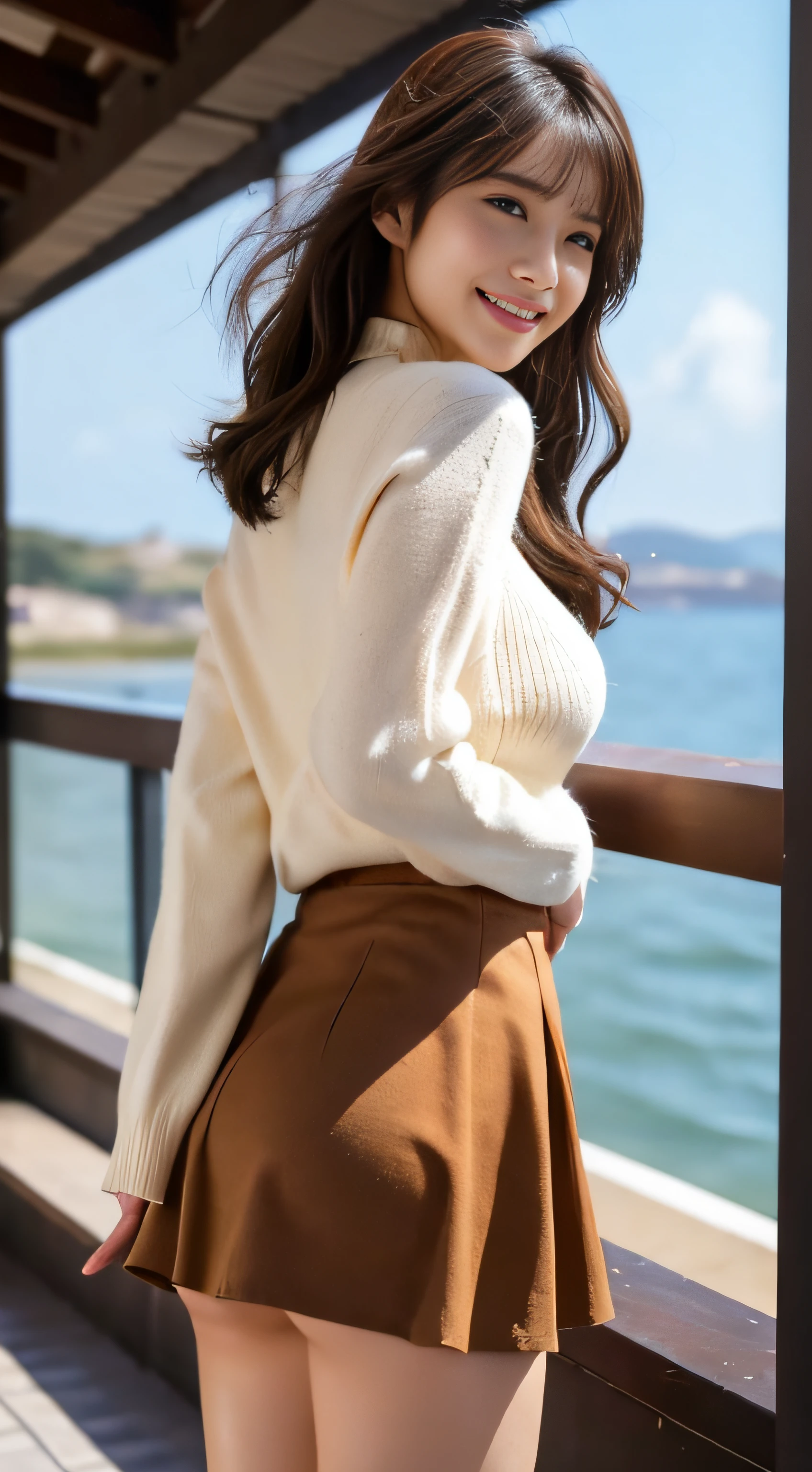 top-quality、Top image quality、​masterpiece、fully body photo、25 years old women、dark brown medium wavy hair、bangss、Beige turtleneck sweater、Long flared skirt、(((Skirt flipping in the wind、I can see all my panties)))、long boots、Black stockings、breasts of medium size,、leaning-forward、stick out buttocks、Looks Back、((Puffy nipple))、soft boob、、Kamimei、 Shy laughter、Poolside with sea view