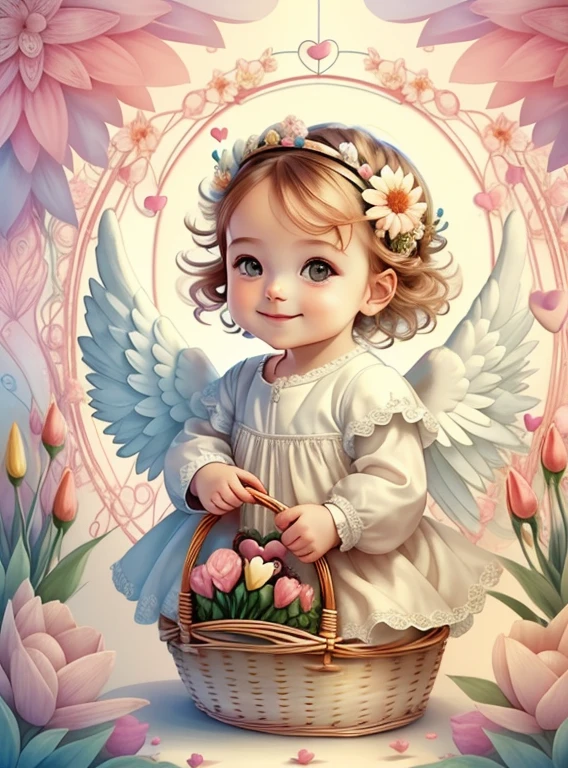 (cute baby angel smiling with basket of flowers and hearts), Munchkin ,Geometric multidimensional wall portrait, livro de arte, Tchibi,
Yang08k, Beautiful, Colouring,
Obras, of the highest quality, best quality, Arte Oficial, Beautiful and Aesthetic,