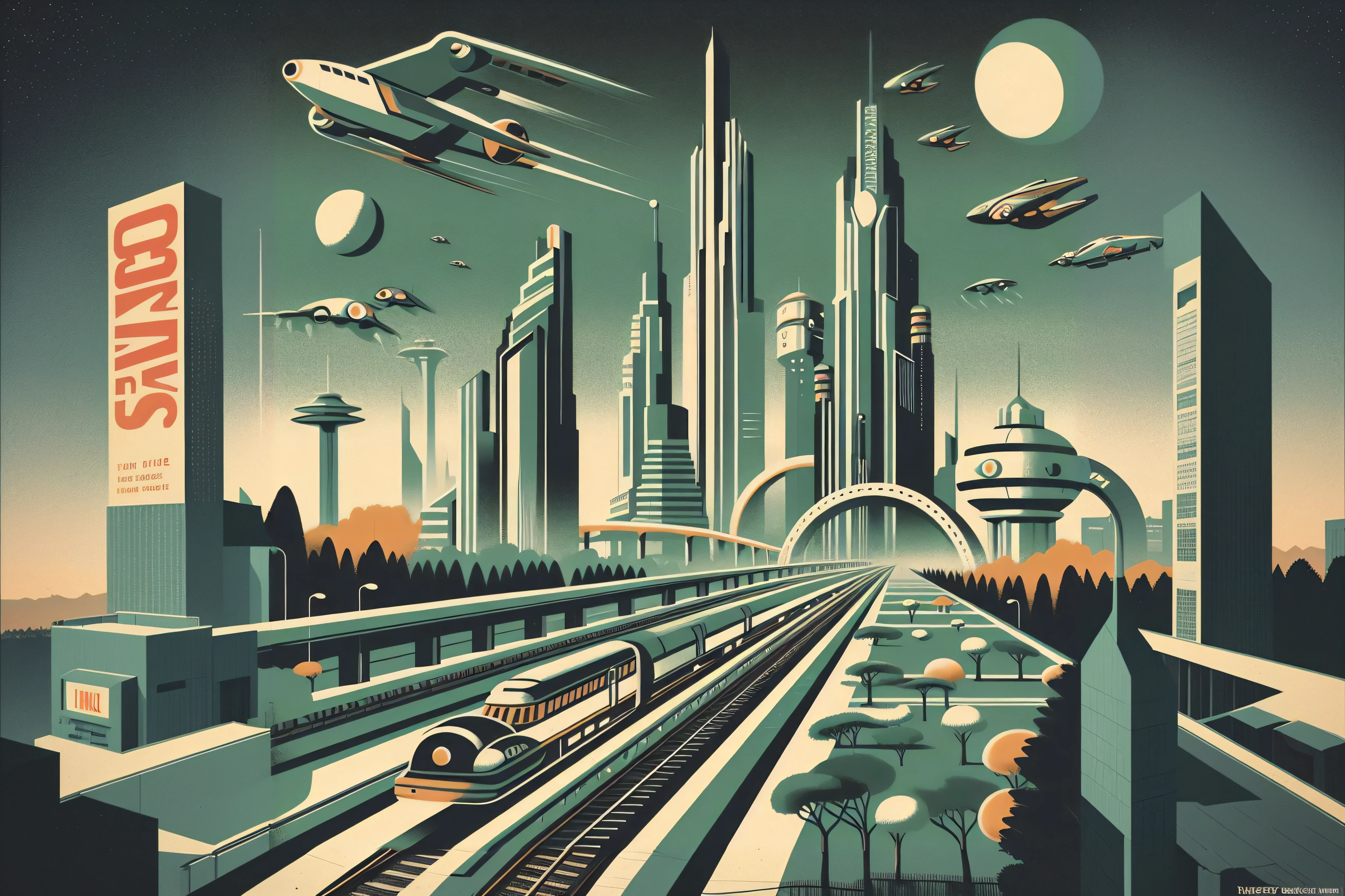 there is a poster of a futuristic city with a train on the tracks, retro futurism art, retro futurism, retro - futurism, retro-futurism, retro futuristic illustration, retro futurism style, retro futurism 1 9 5 0 s, retrofuturism, retro sci - fi art, art deco sci fi, futuristic utopian metropolis, komatsuzaki retro-futurism