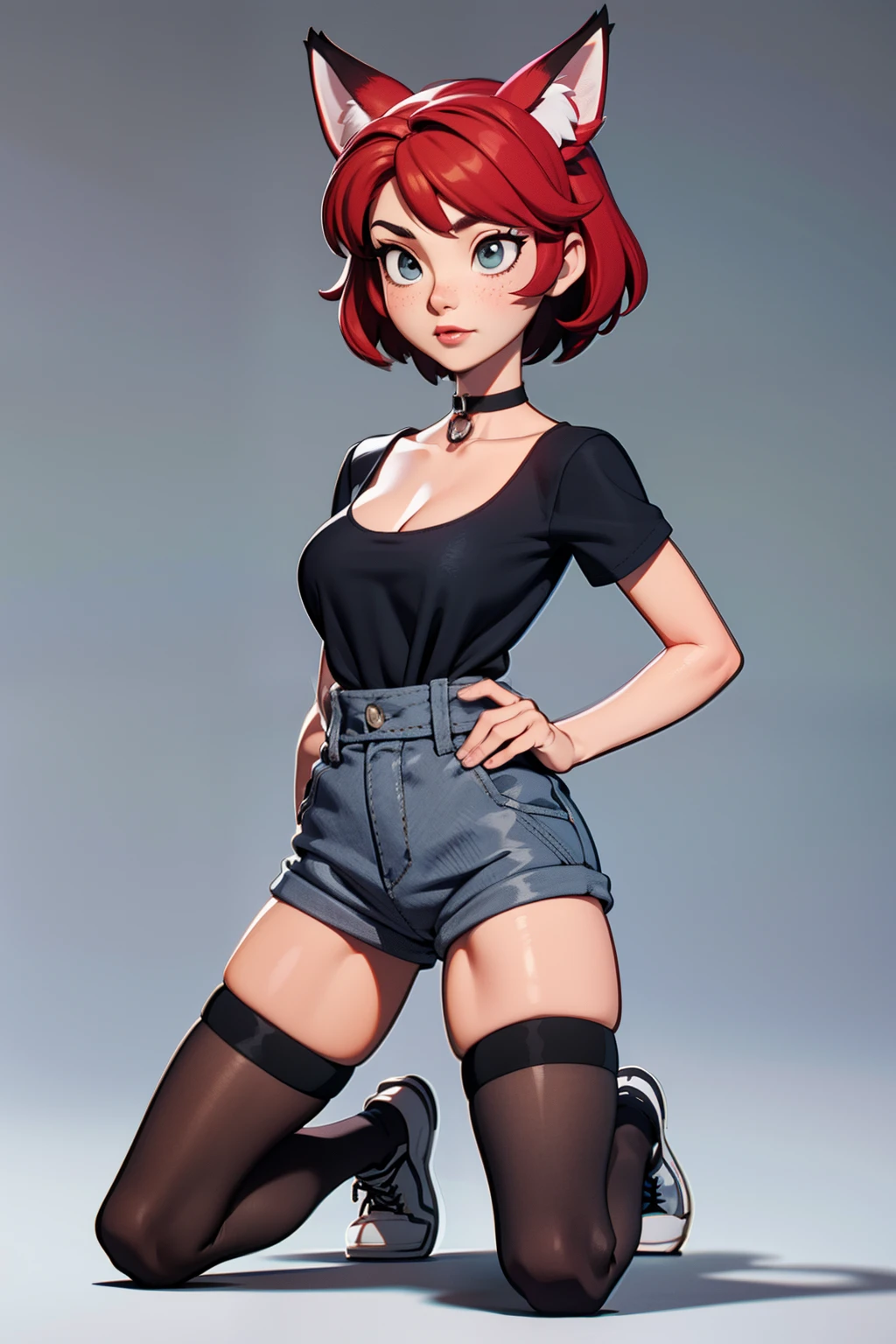 1girl, teenager, solo, full body, (short pixie cut Hair, undercut red hair: 1.28), ((light gray eyes)), some small freckles, (black tip fox ears: 1.35), pale skin, medium breasts, cleavage, (thin hips, thin waist: 1.25), simple background, looking away, (tight ripped black shirt, choker, short shorts, thigh high stockings, plaid b&w sneakers: 1.11), (kneeling:1.5), masterpiece, best quality,3d rending work ,3DMM style, close-up, portrait, 3D,