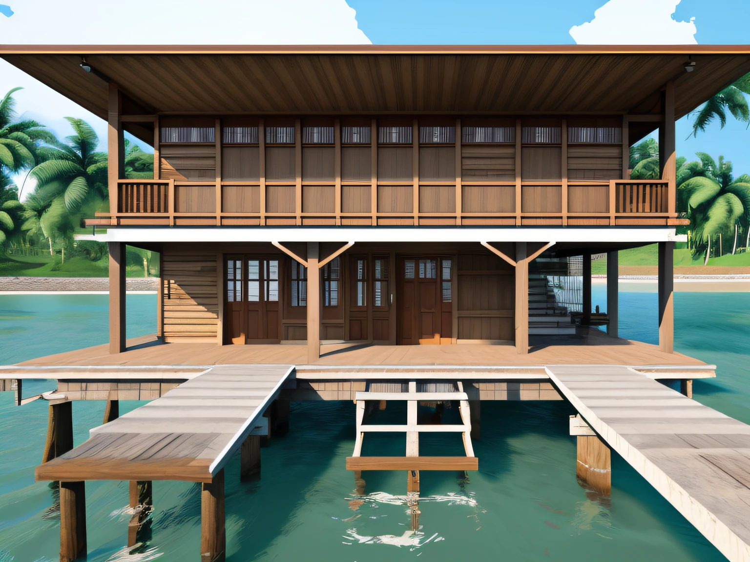 frontview, waterfront houses, front-view, Malaysia fishing village, wood pier and houses, houses on stilts, front side view, front side, seen from outside, a wide full shot, near a jetty, cartoon concept art, anime, 2D animation background, more cartoony