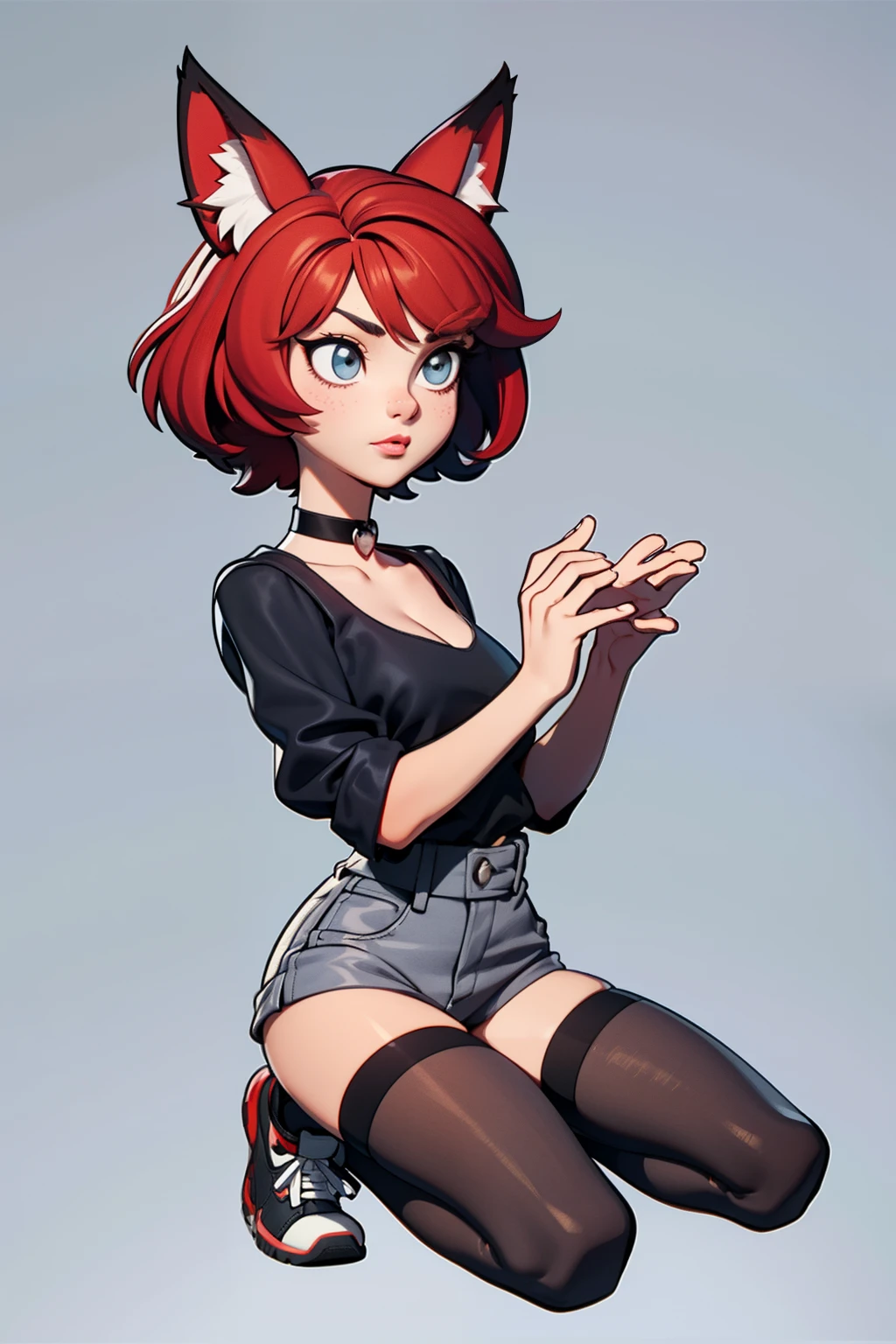 1girl, teenager, solo, full body, (short pixie cut Hair, undercut red hair: 1.28), ((light gray eyes)), some small freckles, (black tip fox ears: 1.35), pale skin, medium breasts, cleavage, (thin hips, thin waist: 1.25), simple background, looking away, (tight ripped black shirt, choker, short shorts, thigh high stockings, plaid b&w sneakers: 1.11), (kneeling:1.5), masterpiece, best quality,3d rending work ,3DMM style, close-up, portrait, 3D,