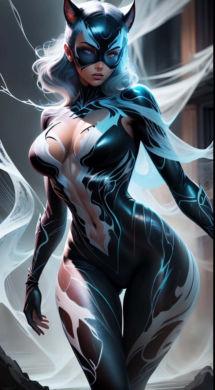 illustration, 4K UHD illustration, upscaled professional drawing HDR, from DC comics in dynamic pose, full body image (:1.8) stunningly beautiful woman, intense blue eyes, eyebrows tanned skin tone, detailed catwoman mask, gloss black form fitting full length bodysuit, full lips, lips parted looking-into-camera, glowing lightning in background, swirling smoke eminating from fingertips, abandoned dojo background, detailed night time, thunderstorm atmosphere, glowing blue eyes emitting eeire spectral glow, purple lightning thunderstorm in background, 300dpi, masterpiece style, painting style, stroke style in a dark background,watercolor, charcoal, pen & Ink, tshirt design style, aesthetic for Tshirt design, darktone