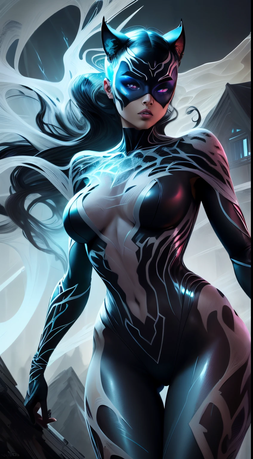 illustration, 4K UHD illustration, upscaled professional drawing HDR, from DC comics in dynamic pose, full body image (:1.8) stunningly beautiful woman, intense blue eyes, eyebrows tanned skin tone, detailed catwoman mask, gloss black form fitting full length bodysuit, full lips, lips parted looking-into-camera, glowing lightning in background, swirling smoke eminating from fingertips, abandoned dojo background, detailed night time, thunderstorm atmosphere, glowing blue eyes emitting eeire spectral glow, purple lightning thunderstorm in background, 300dpi, masterpiece style, painting style, stroke style in a dark background,watercolor, charcoal, pen & Ink, tshirt design style, aesthetic for Tshirt design, darktone